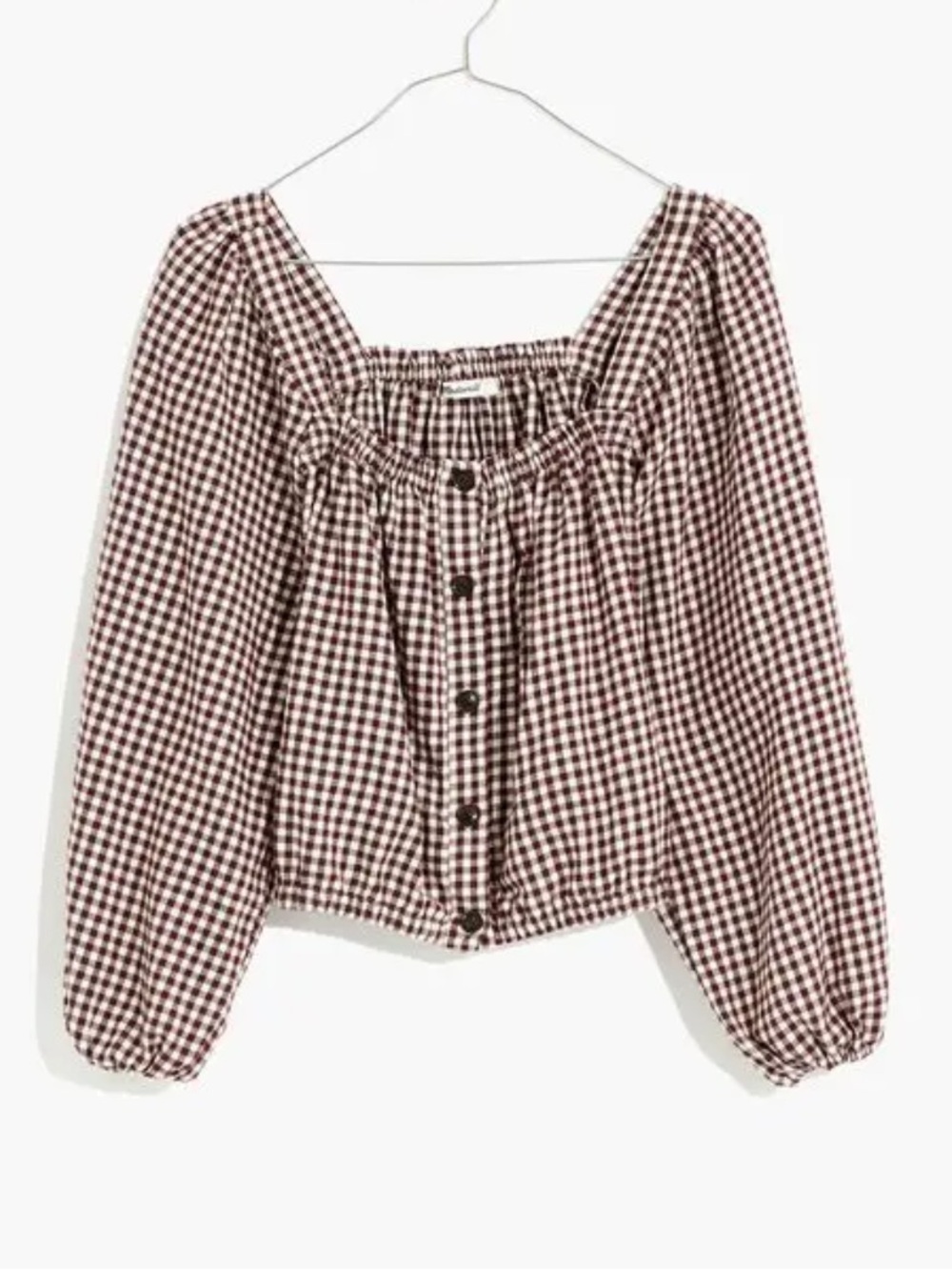 Madewell Brown and White Gingham S Off-Shoulder Button-Front Top